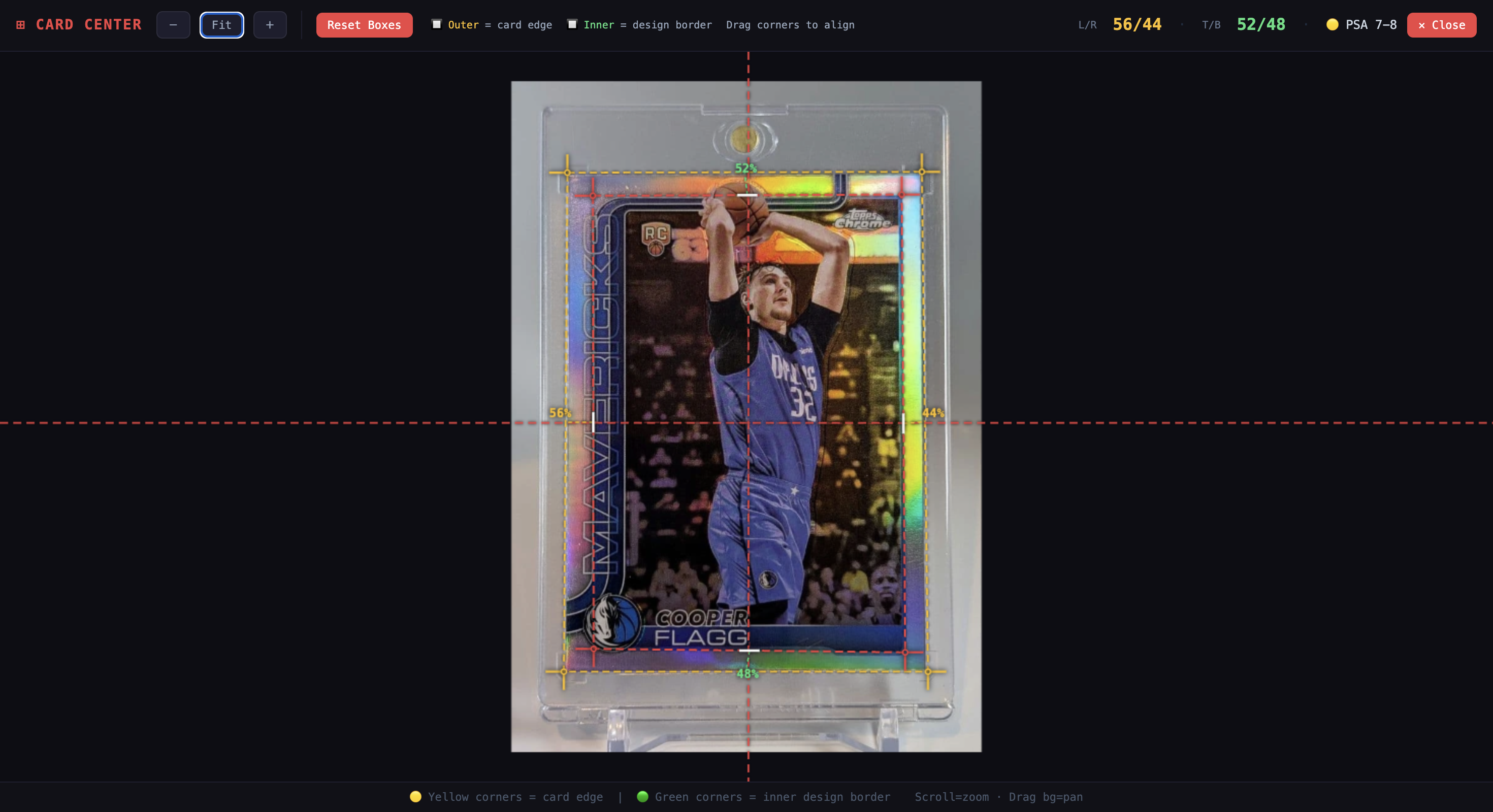 Card Center overlay showing card-edge and design-border guides with centering output